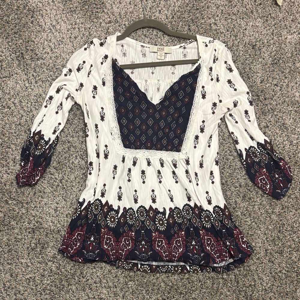 White V-Neck Boho Tunic with Navy and Burgundy Print